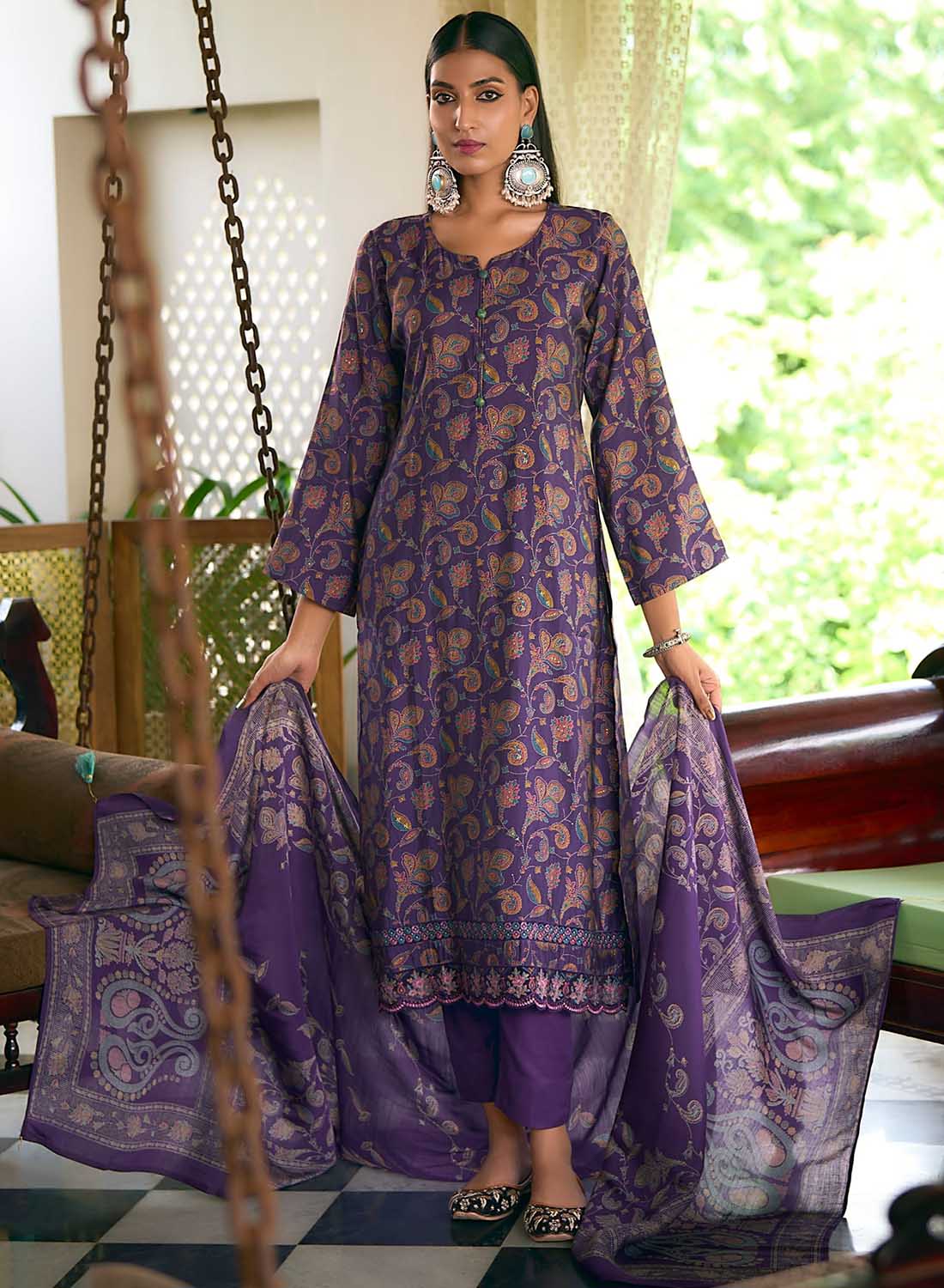 Modal Silk Unstitched Suit Dress Material with Fancy Embroidery