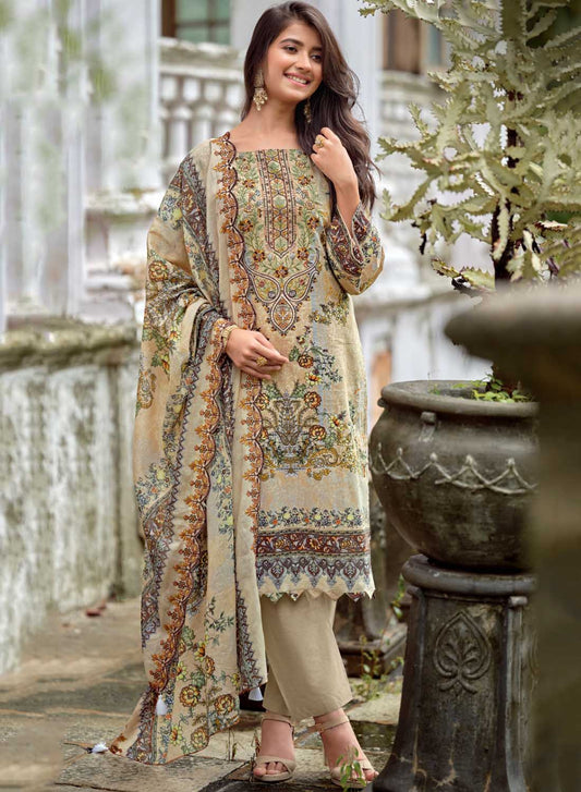 Embroidered Unstitched Pakistani Pure Cotton Suit Dress Material Brown