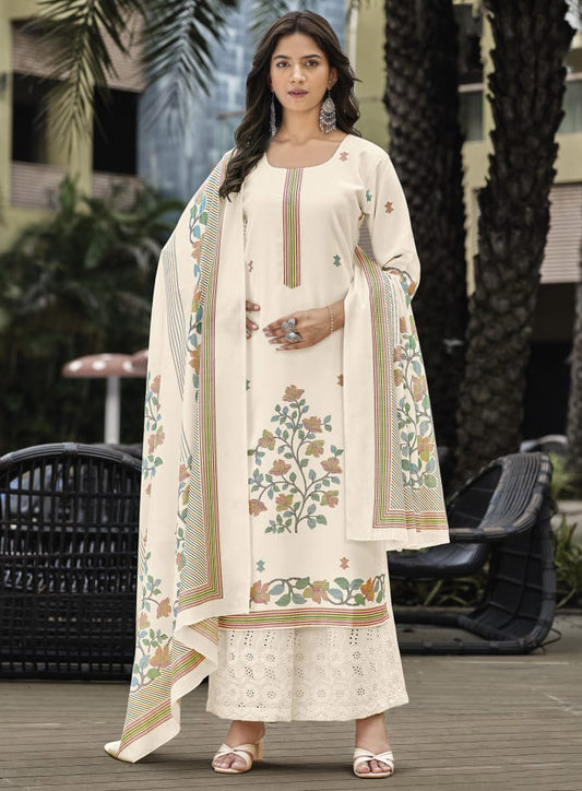 Daily Wear Off-White Unstitched Cotton Salwar Suit Material for Women