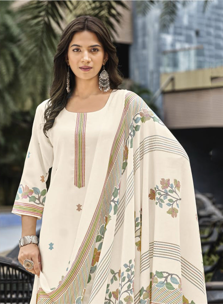Daily Wear Off-White Unstitched Cotton Salwar Suit Material for Women