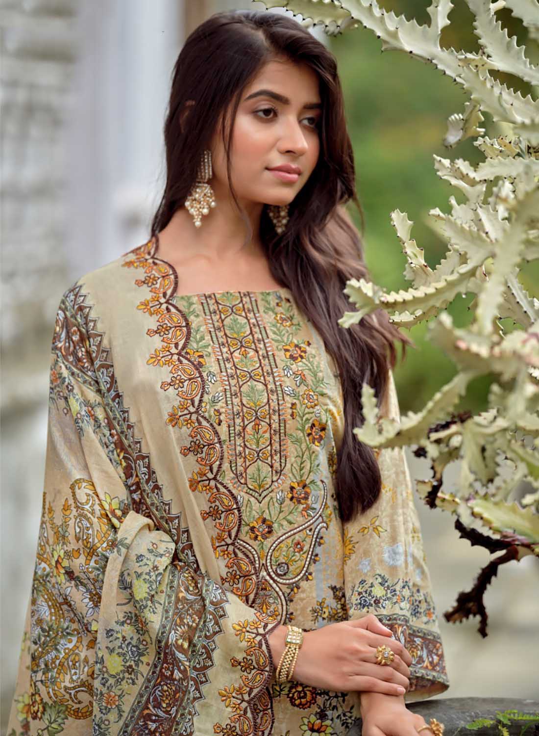 Embroidered Unstitched Pakistani Pure Cotton Suit Dress Material Brown