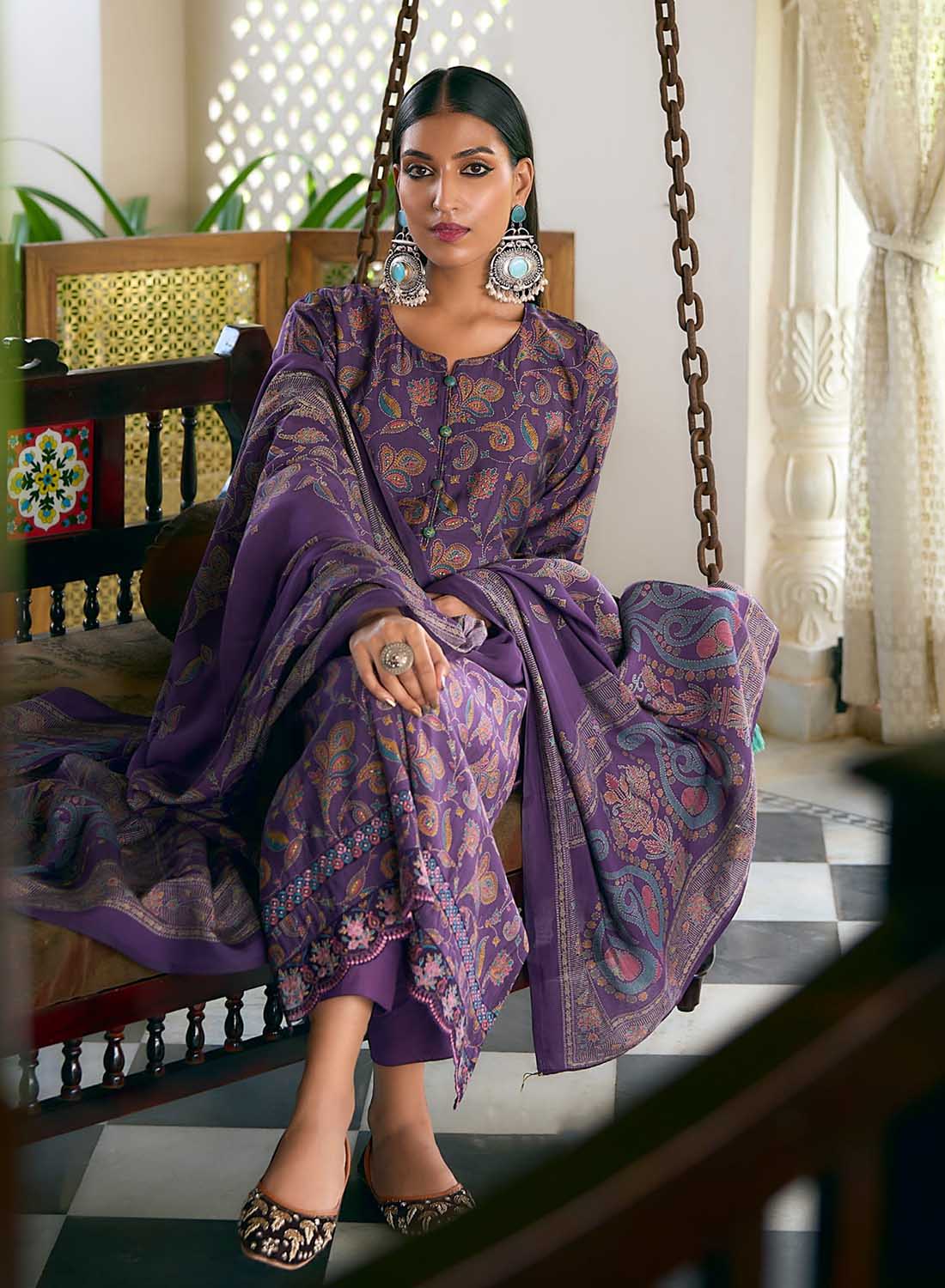 Modal Silk Unstitched Suit Dress Material with Fancy Embroidery