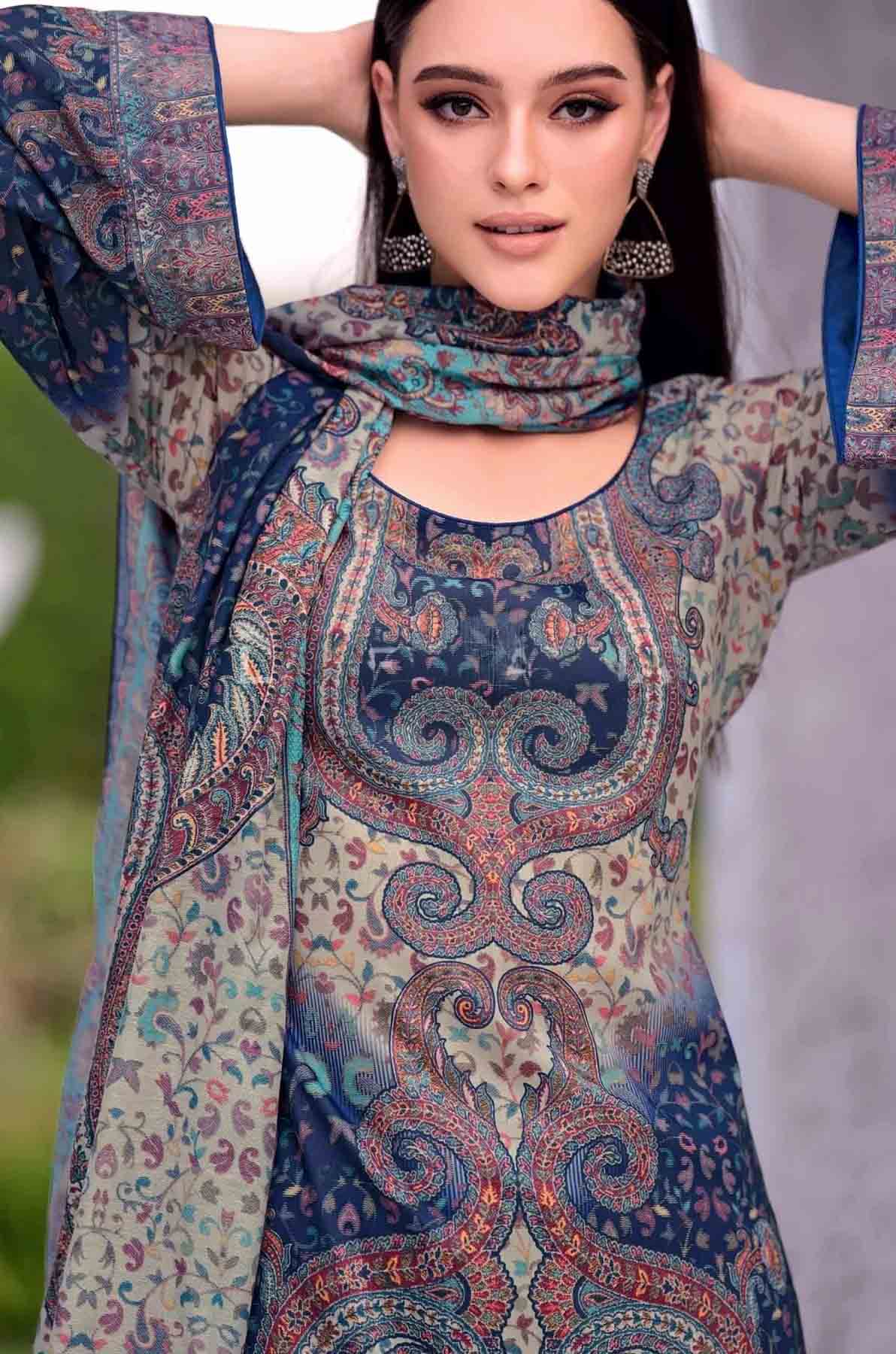 Unstitched Blue Cotton Lawn Women Salwar Suit Fabric Dress Materials