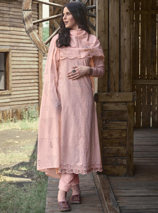 Pure Cotton Party Wear Cotton Women Unstitched Salwar Suit Peach