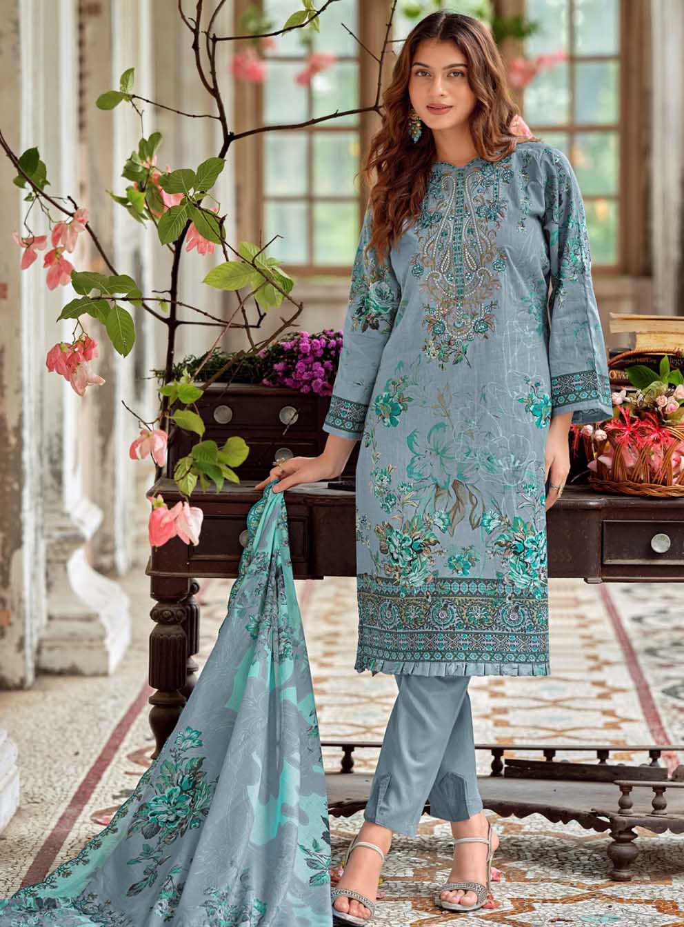 Embroidered Unstitched Pakistani Pure Cotton Suit Set Dress Material