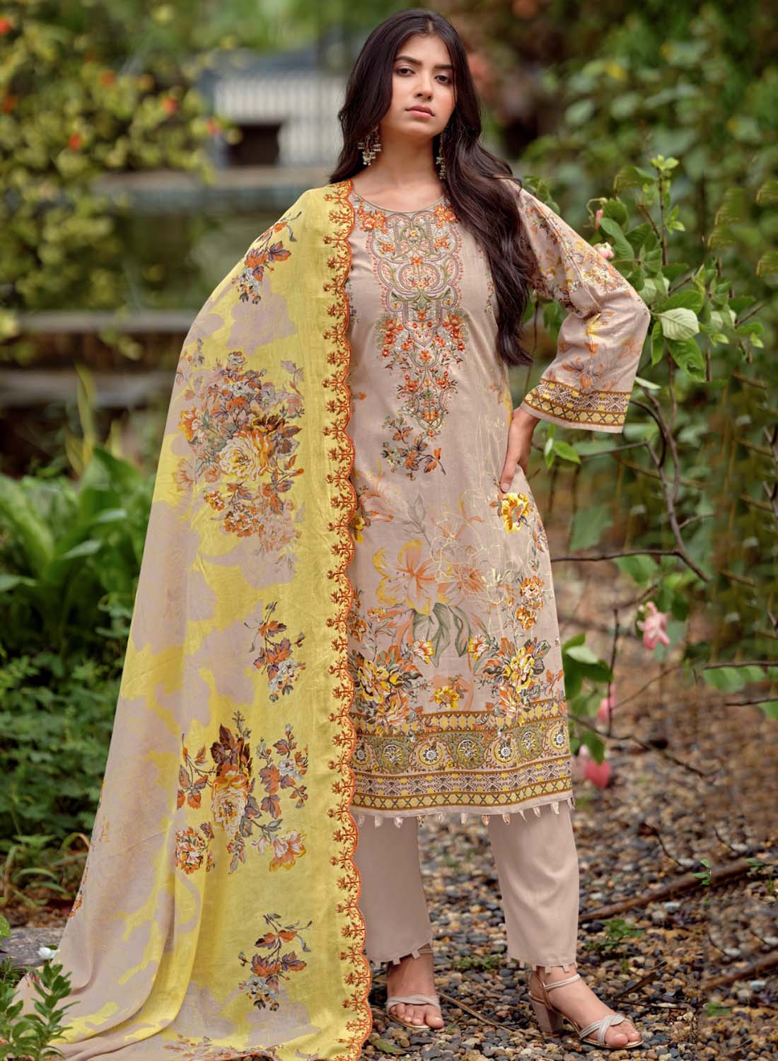 Embroidered Unstitched Pakistani Pure Cotton Suit Set Dress Material Brown