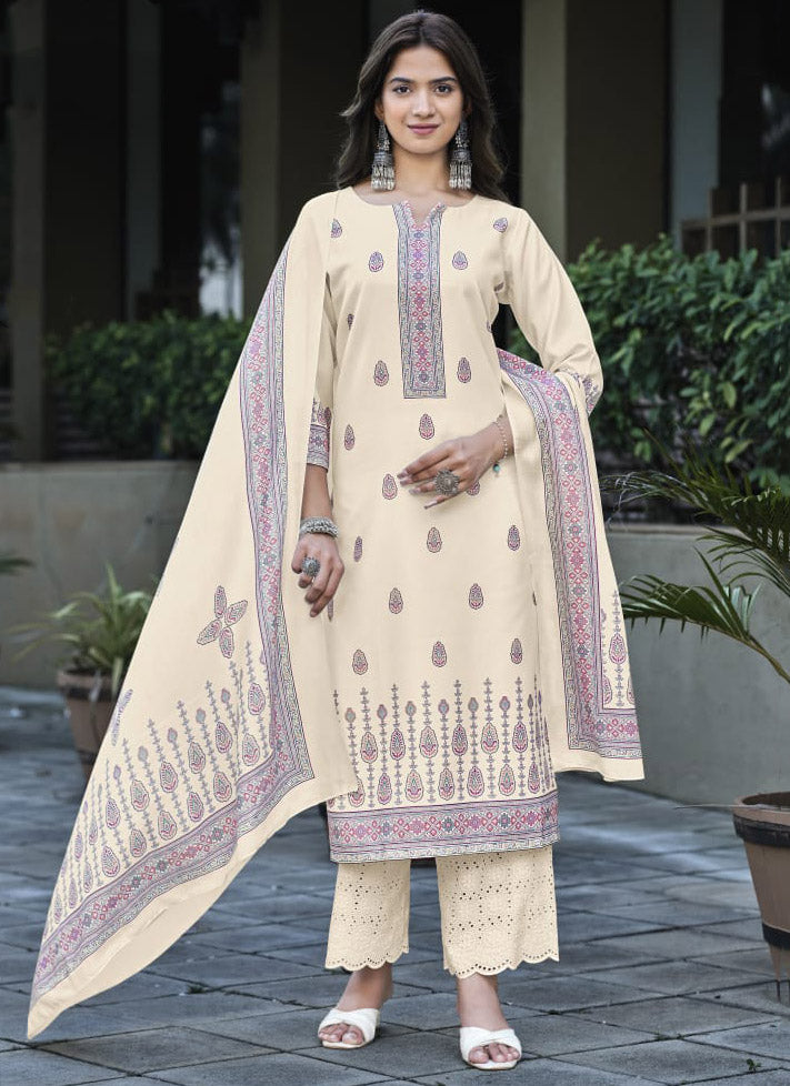 Daily Wear Off-White Unstitched Cotton Suit Dress Material for Women
