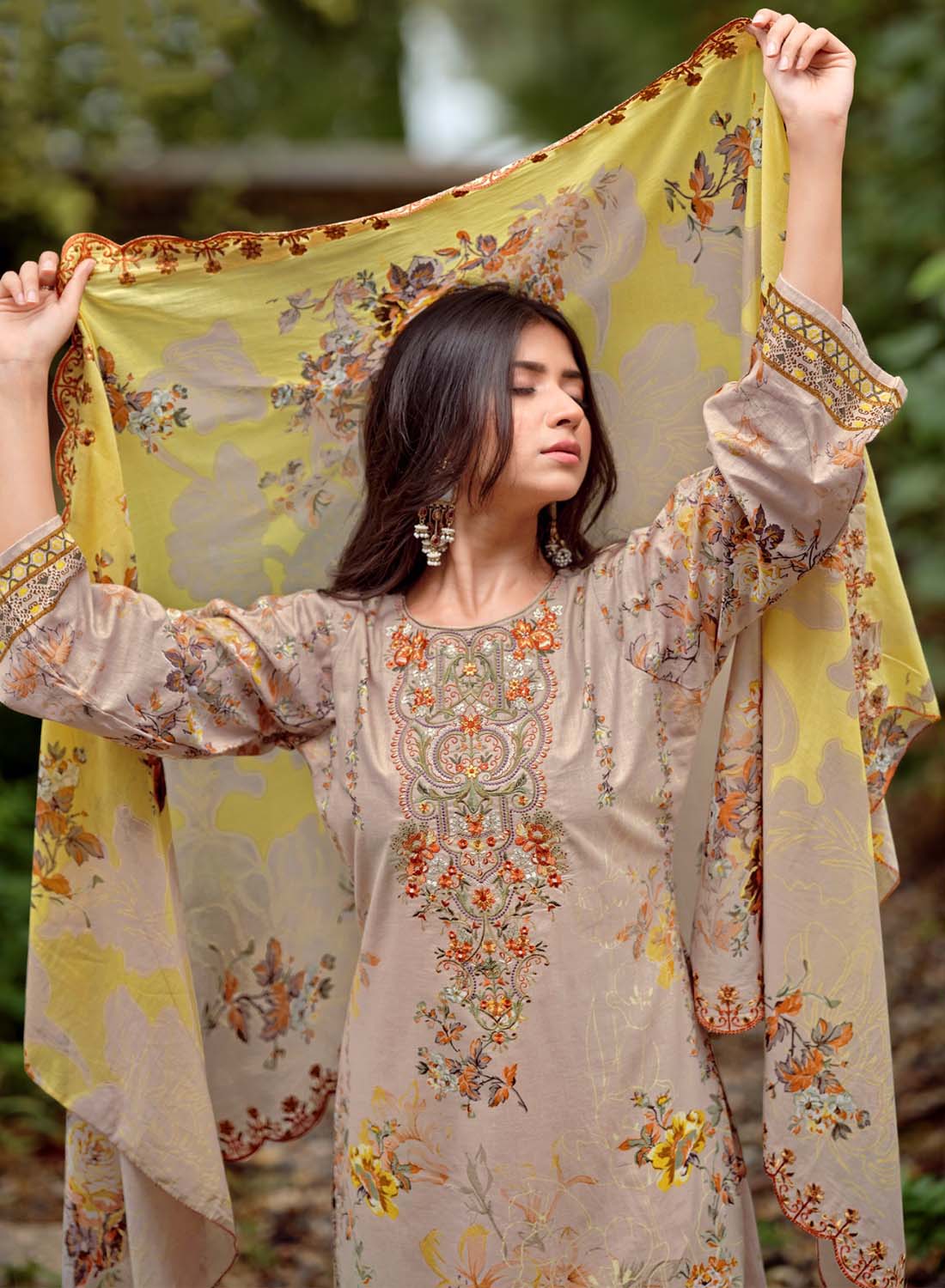 Embroidered Unstitched Pakistani Pure Cotton Suit Set Dress Material Brown