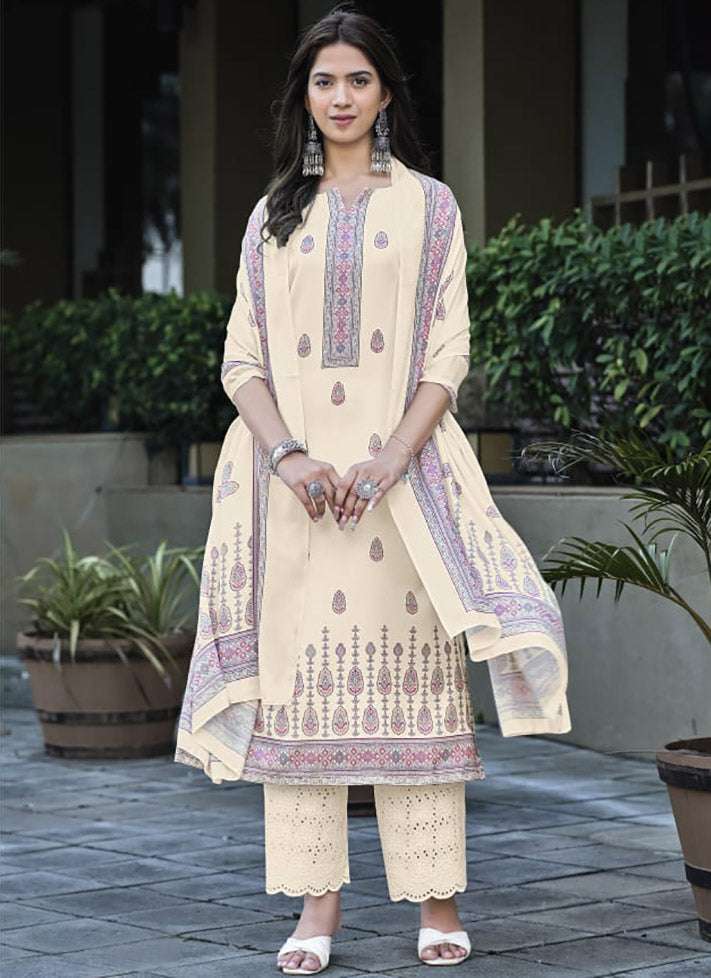 Daily Wear Off-White Unstitched Cotton Suit Dress Material for Women