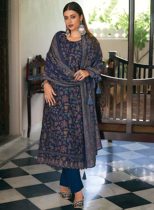 Modal Silk Blue Unstitched Suit Dress Material with Fancy Embroidery