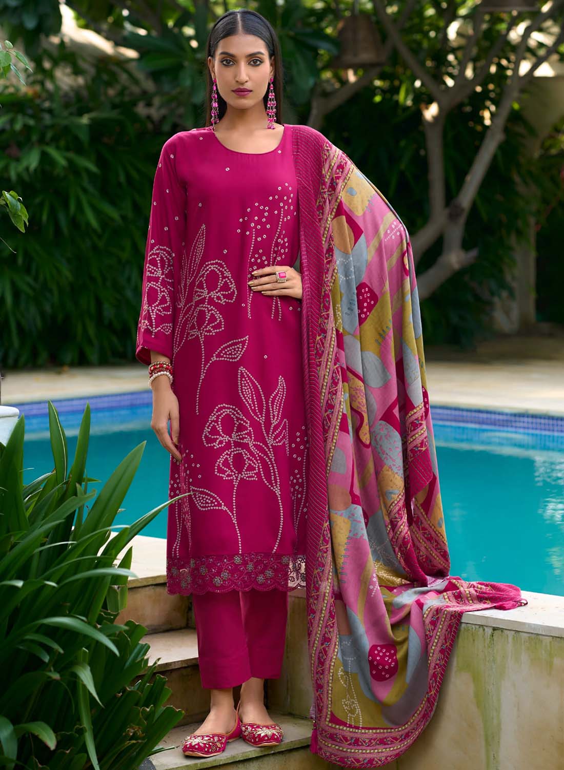 Women Pink Pashmina Winter Suit Dress Material with Fancy Embroidery