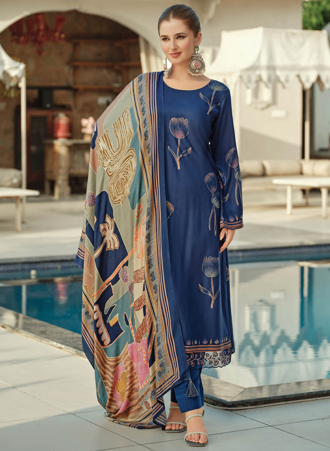 Pure Pashmina Foil Print Unstitched Winter Suit Material with Embroidery