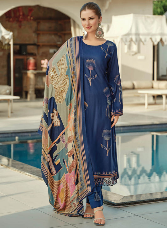 Pure Pashmina Foil Print Unstitched Winter Suit Material with Embroidery
