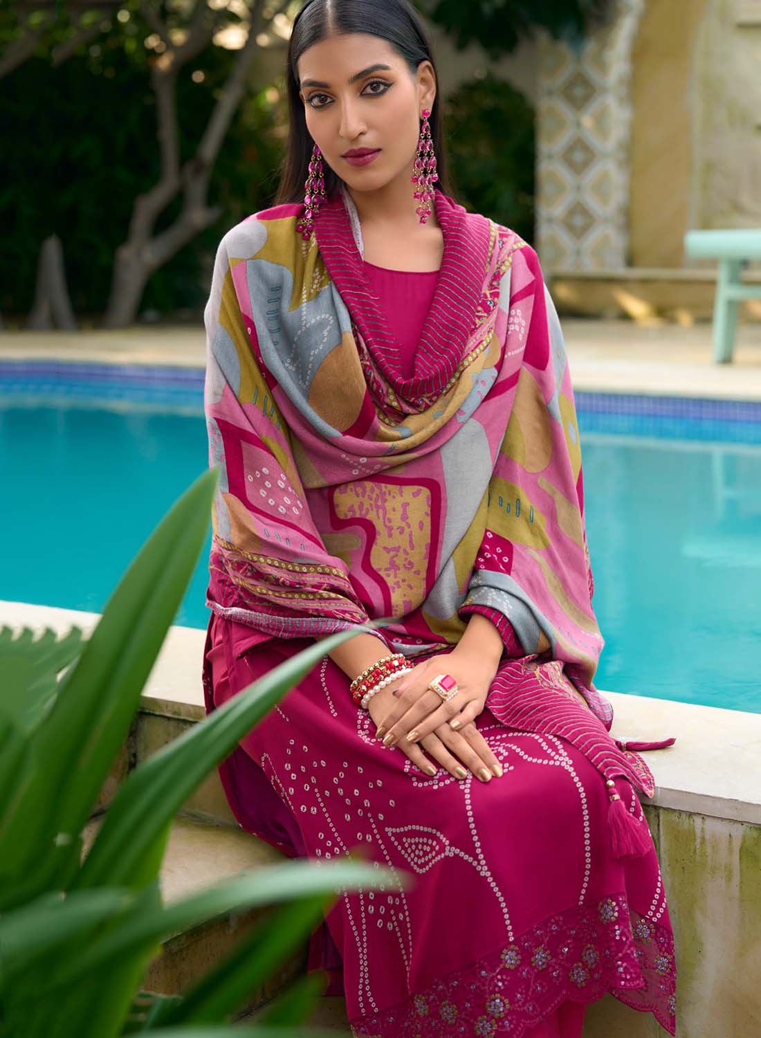 Women Pink Pashmina Winter Suit Dress Material with Fancy Embroidery