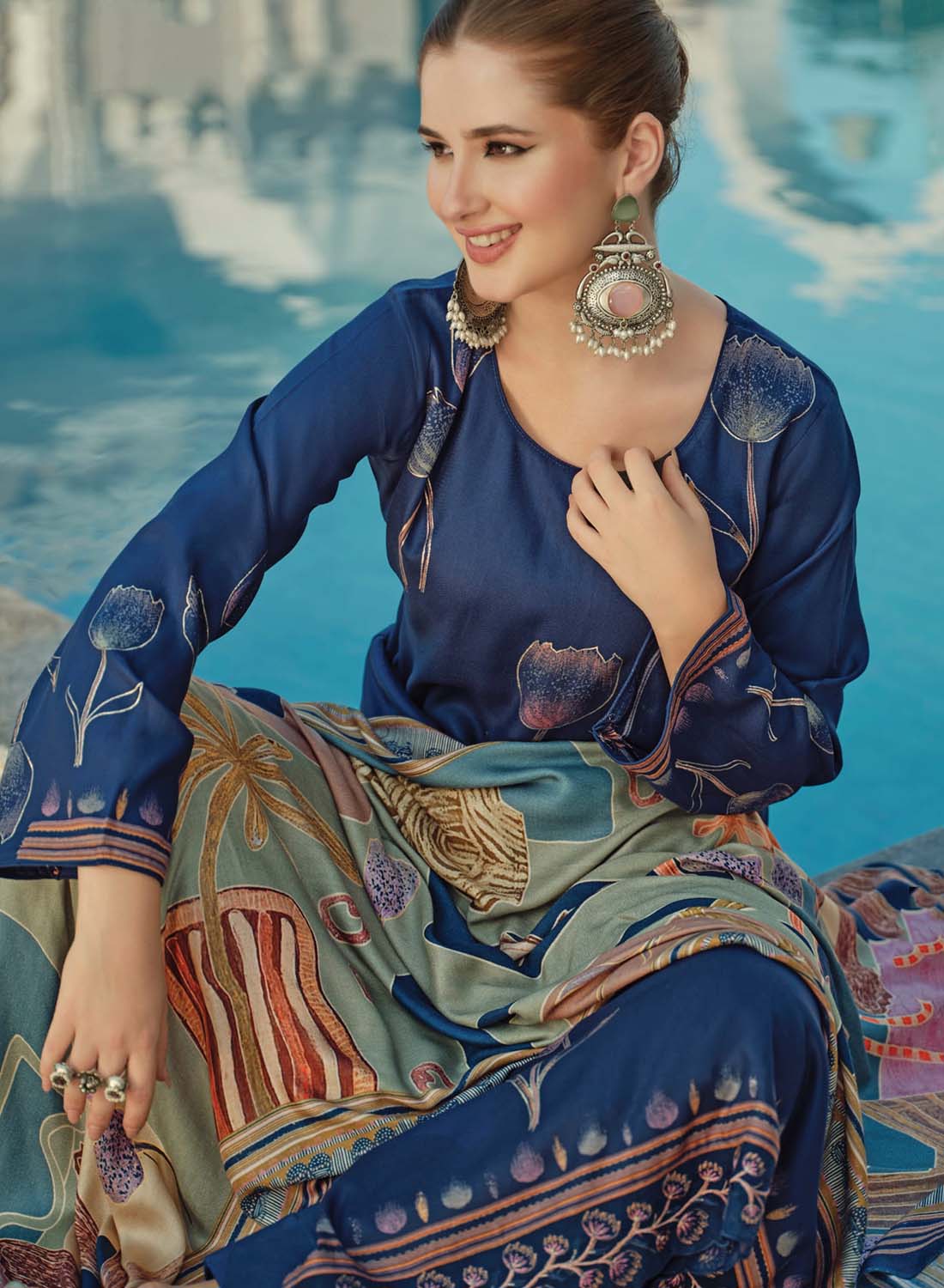 Pure Pashmina Foil Print Unstitched Winter Suit Material with Embroidery