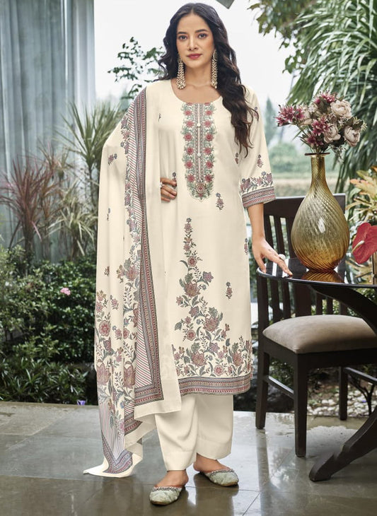 Off-White Pashmina Unstitched Winter Suit Dress Material with Neck Embroidery