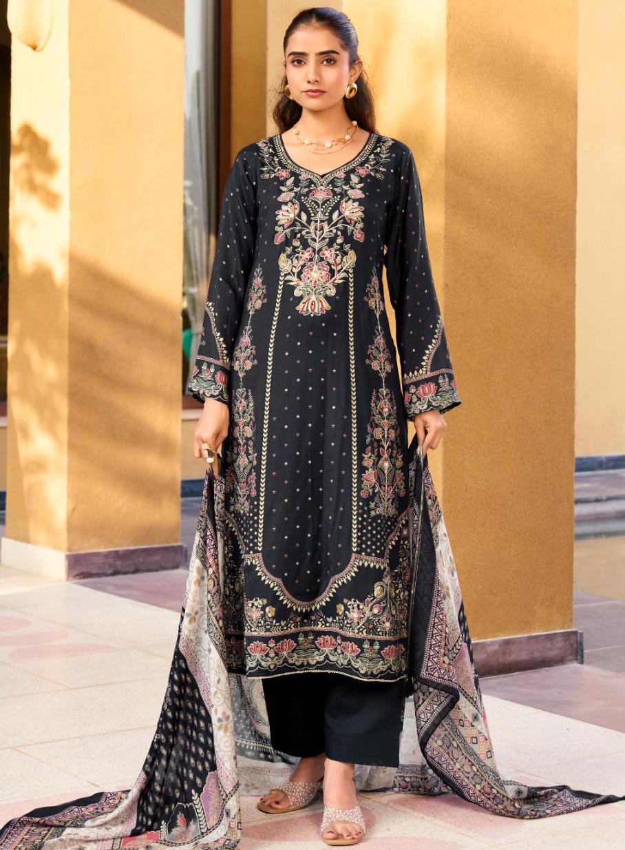 Party Wear Muslin Black Unstitched Suit Dress Material for Women