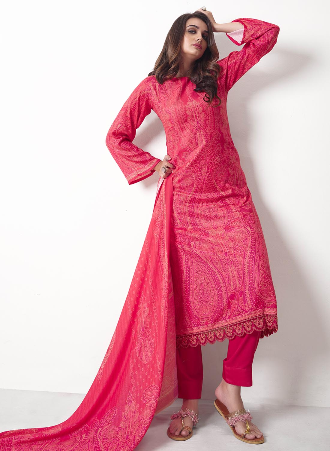 Red Unstitched Pashmina Winter Salwar Suit Material Fabric for Women