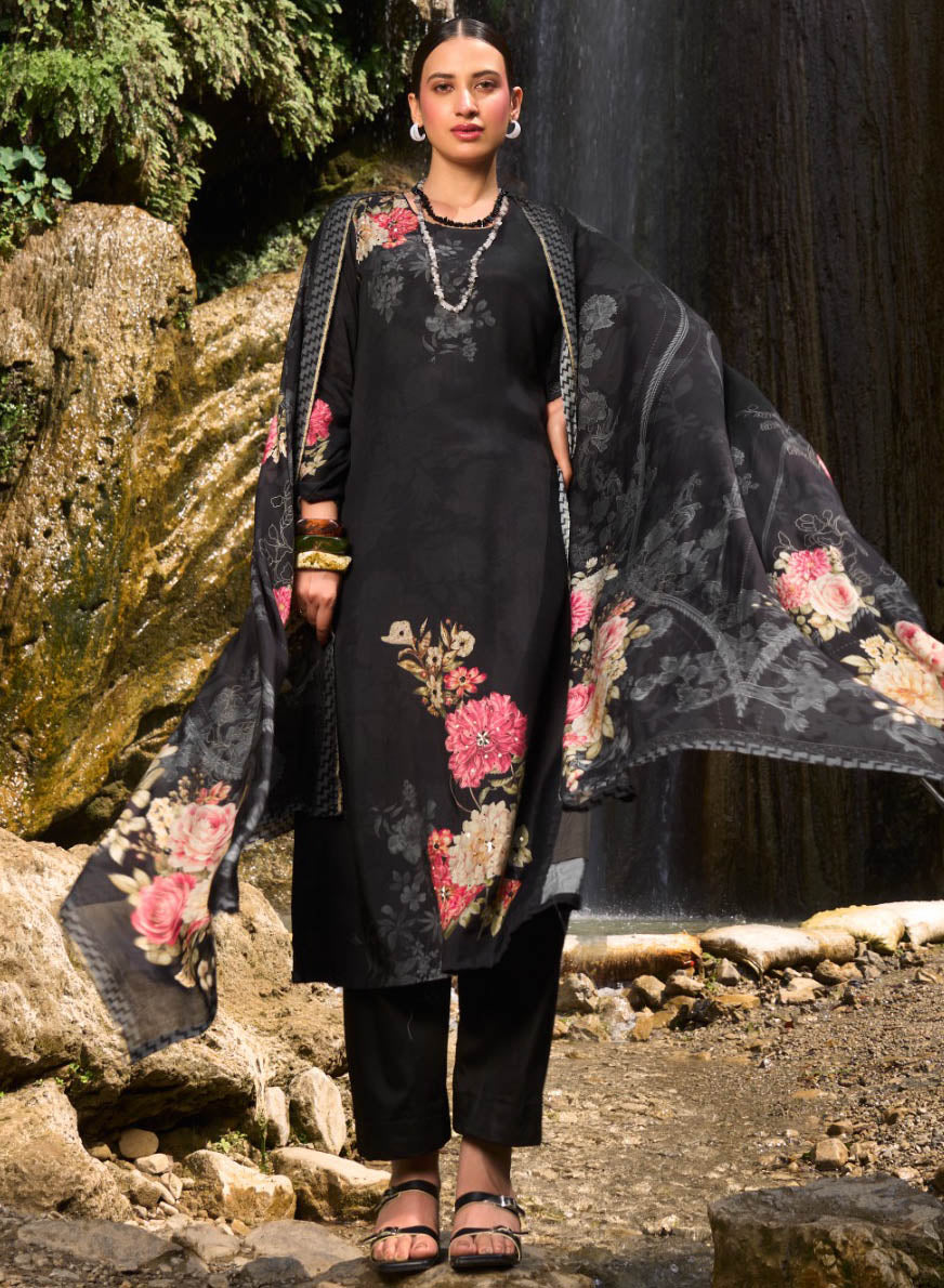 Party Wear Muslin Black Unstitched Suit Dress Material with Handwork