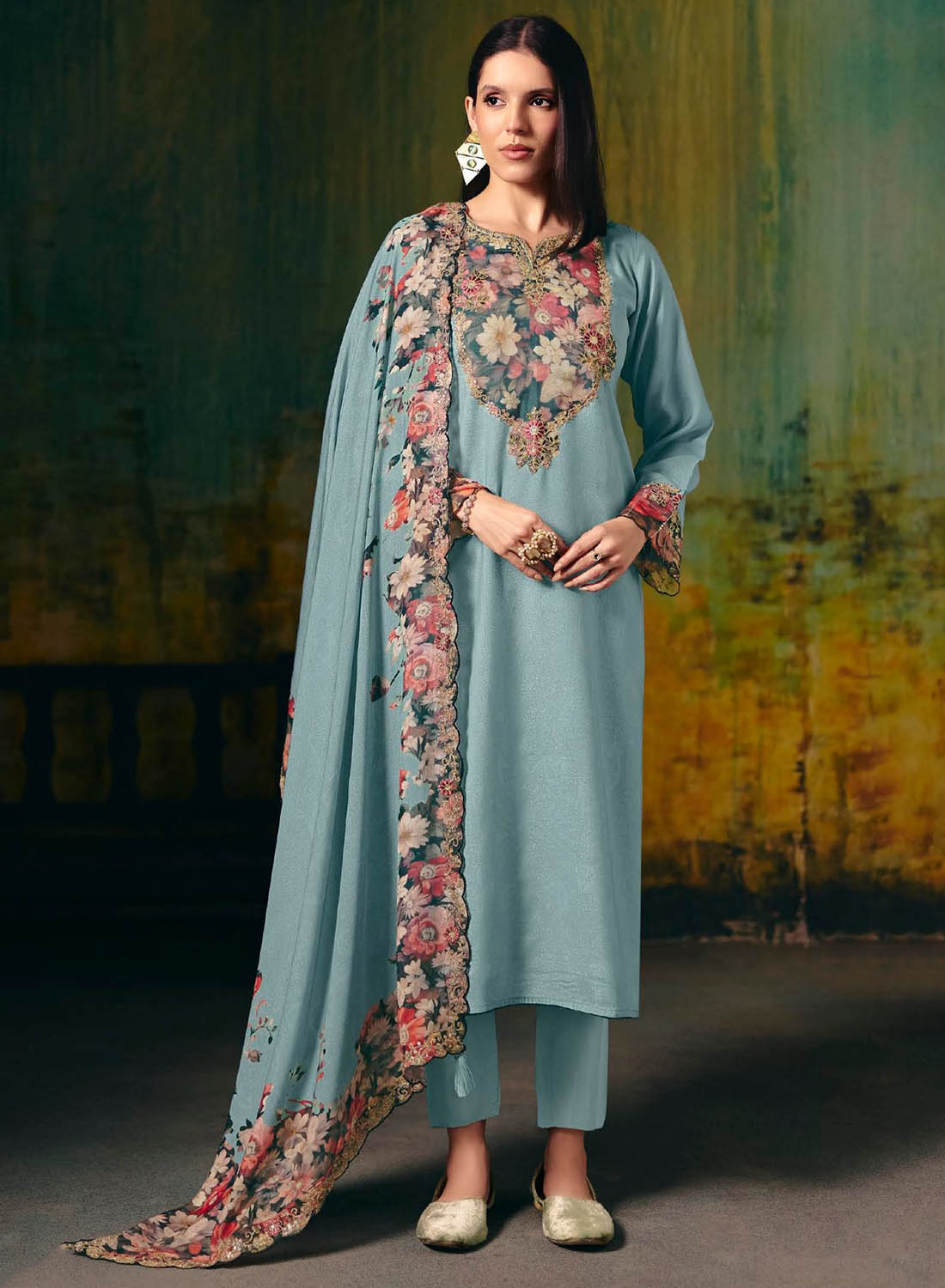 Party Wear Blue Muslin Unstitched Salwar Suit Dress Material for Women