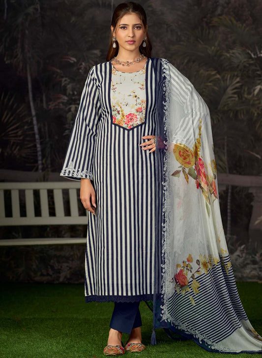 Pure Lawn Cotton Blue Unstitched Salwar Suit Material with Chiffon Dupatta