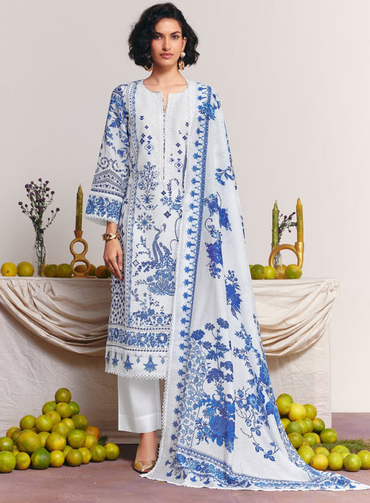 Kimora Pure Cotton White Unstitched Suit Fabric for Women with Embroidery