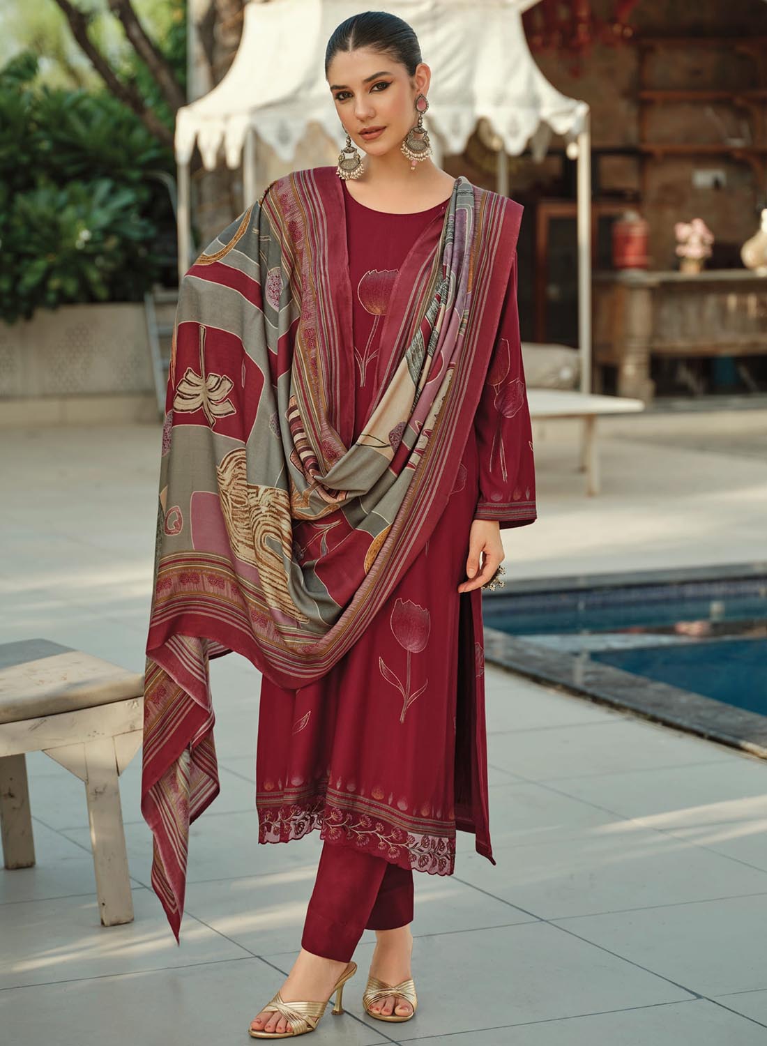 Red Pashmina Foil Print Unstitched Winter Suit Material with Embroidery