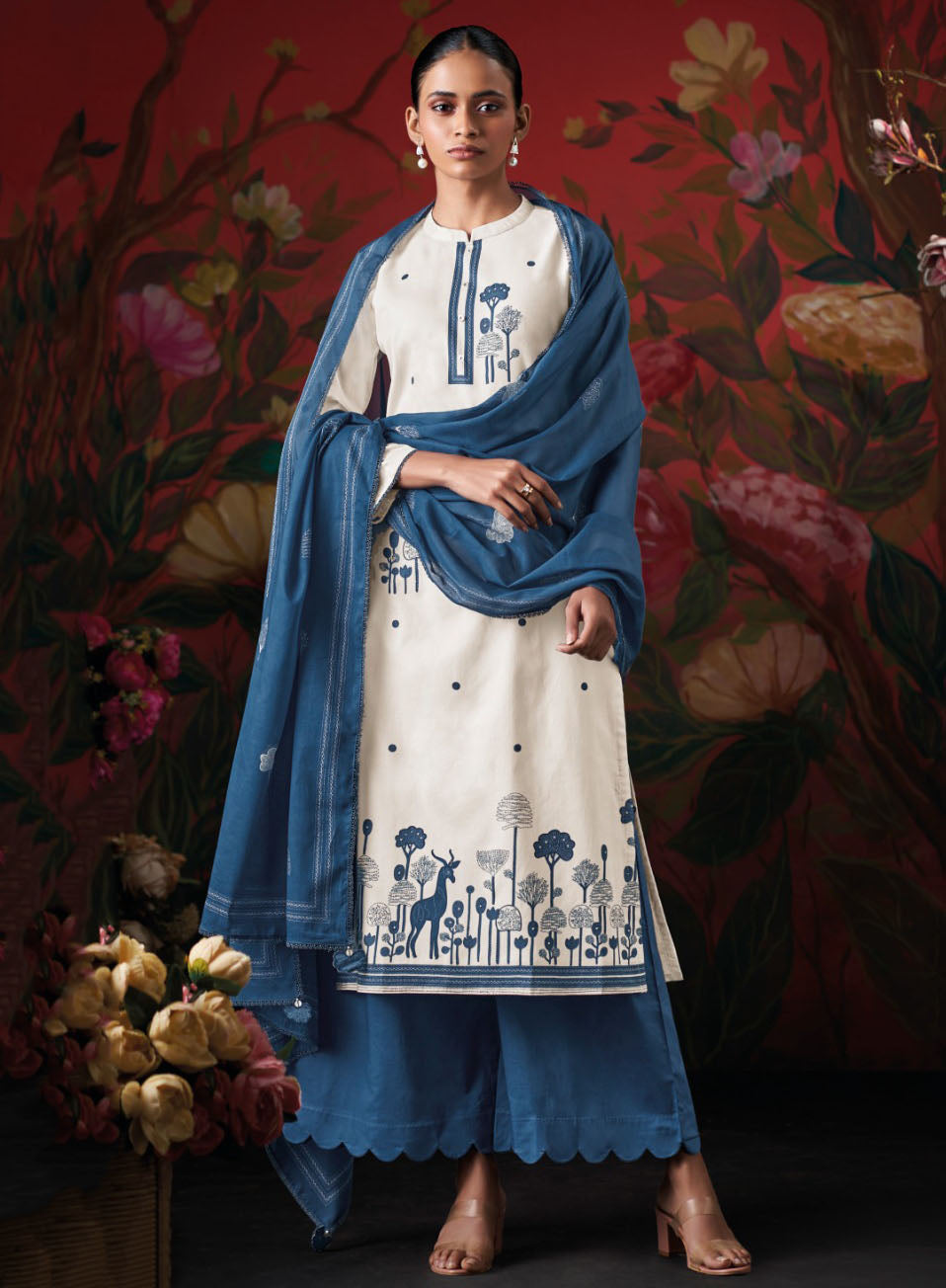 Ganga Off-White Pure Cotton Unstitched Salwar Suit Fabric for Ladies