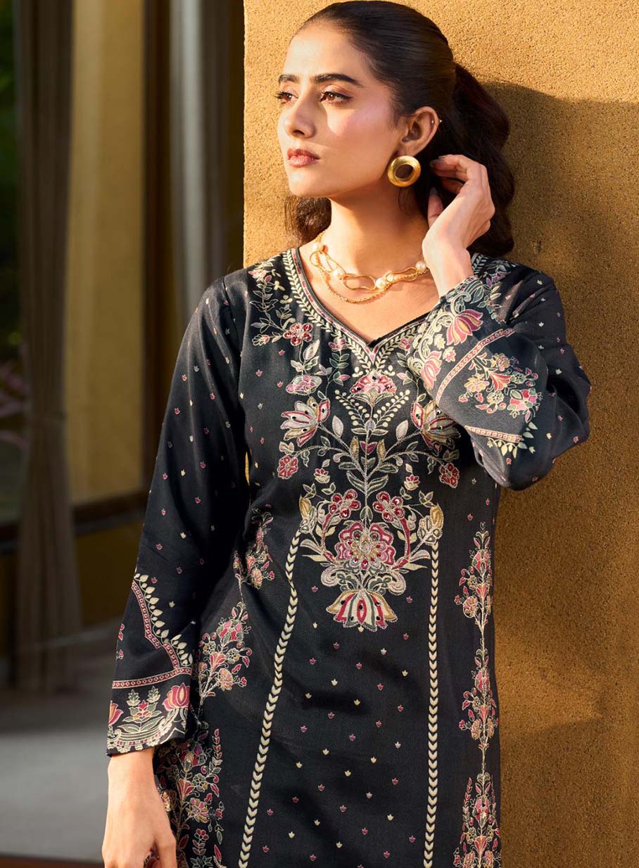 Party Wear Muslin Black Unstitched Suit Dress Material for Women