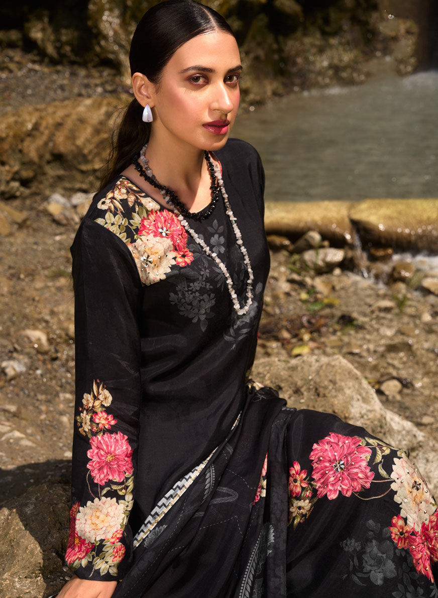 Party Wear Muslin Black Unstitched Suit Dress Material with Handwork