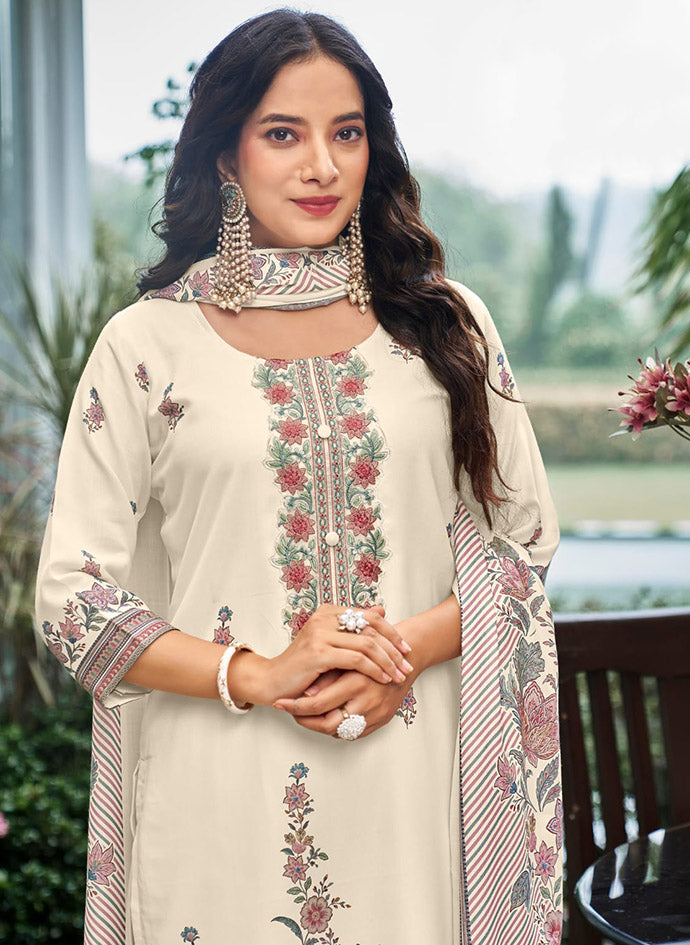 Off-White Pashmina Unstitched Winter Suit Dress Material with Neck Embroidery