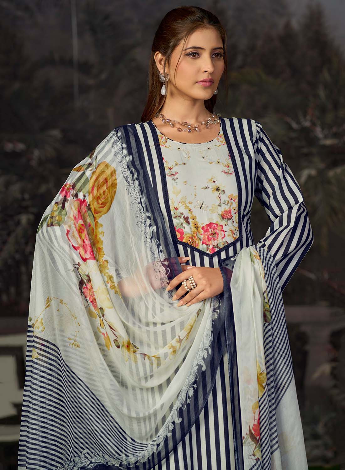 Pure Lawn Cotton Blue Unstitched Salwar Suit Material with Chiffon Dupatta