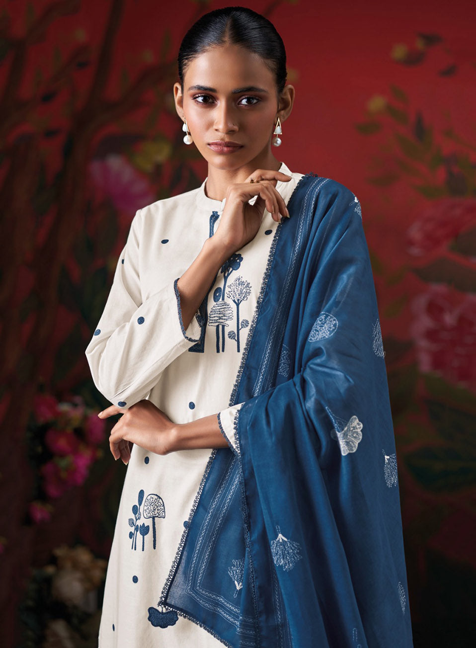 Ganga Off-White Pure Cotton Unstitched Salwar Suit Fabric for Ladies