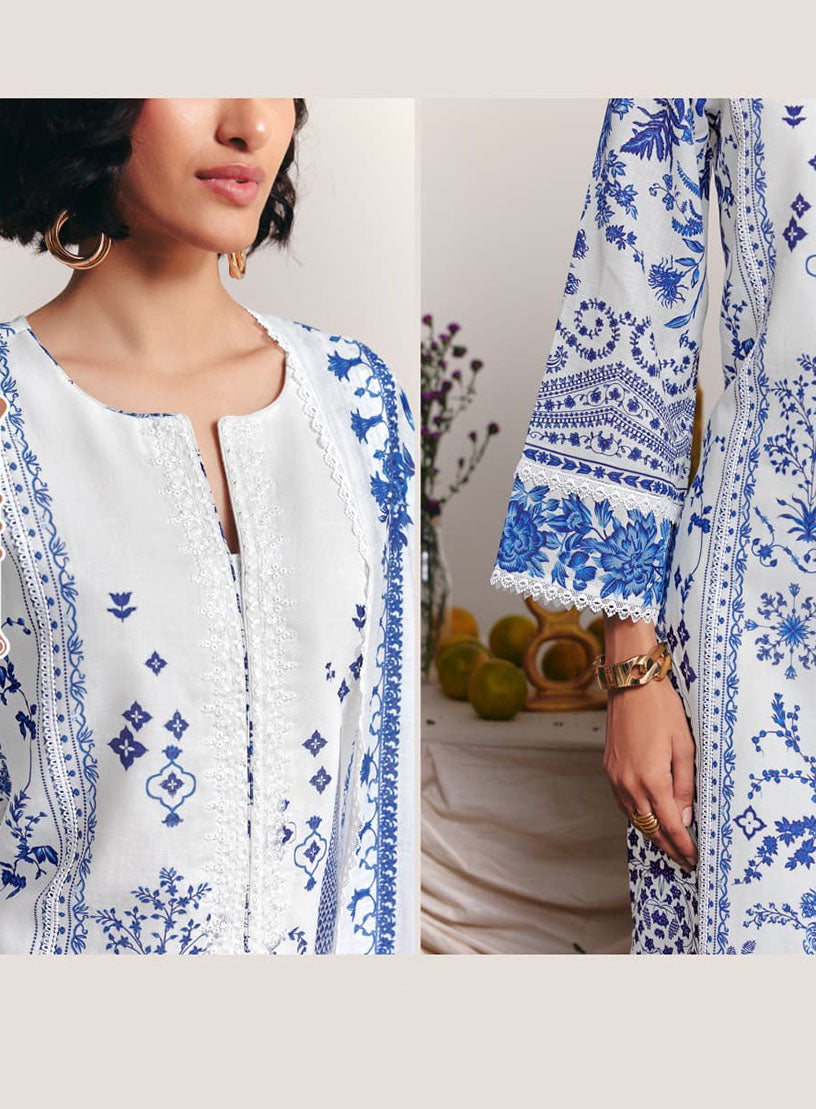 Kimora Pure Cotton White Unstitched Suit Fabric for Women with Embroidery