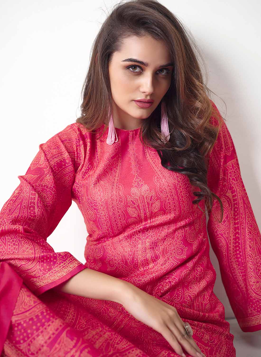 Red Unstitched Pashmina Winter Salwar Suit Material Fabric for Women