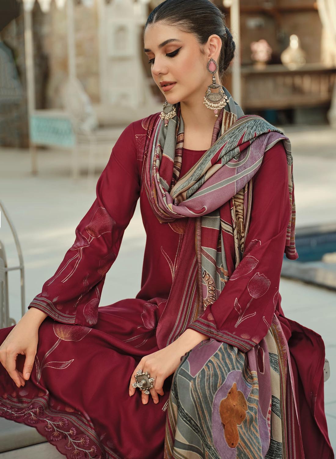 Red Pashmina Foil Print Unstitched Winter Suit Material with Embroidery