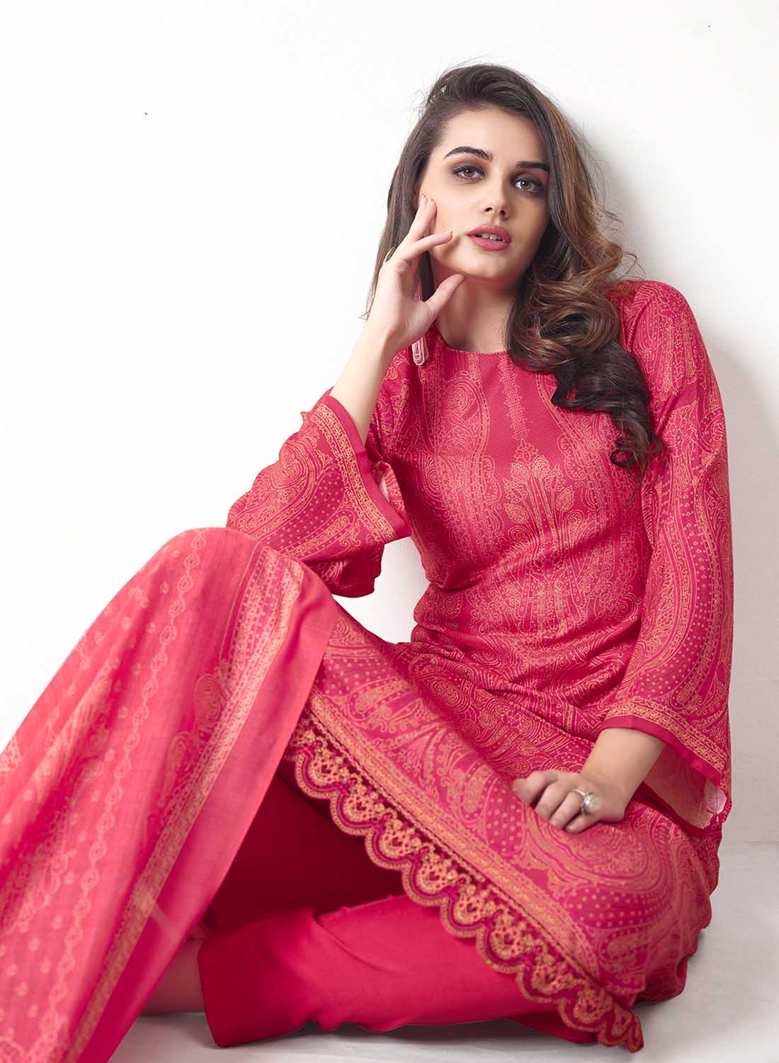 Red Unstitched Pashmina Winter Salwar Suit Material Fabric for Women