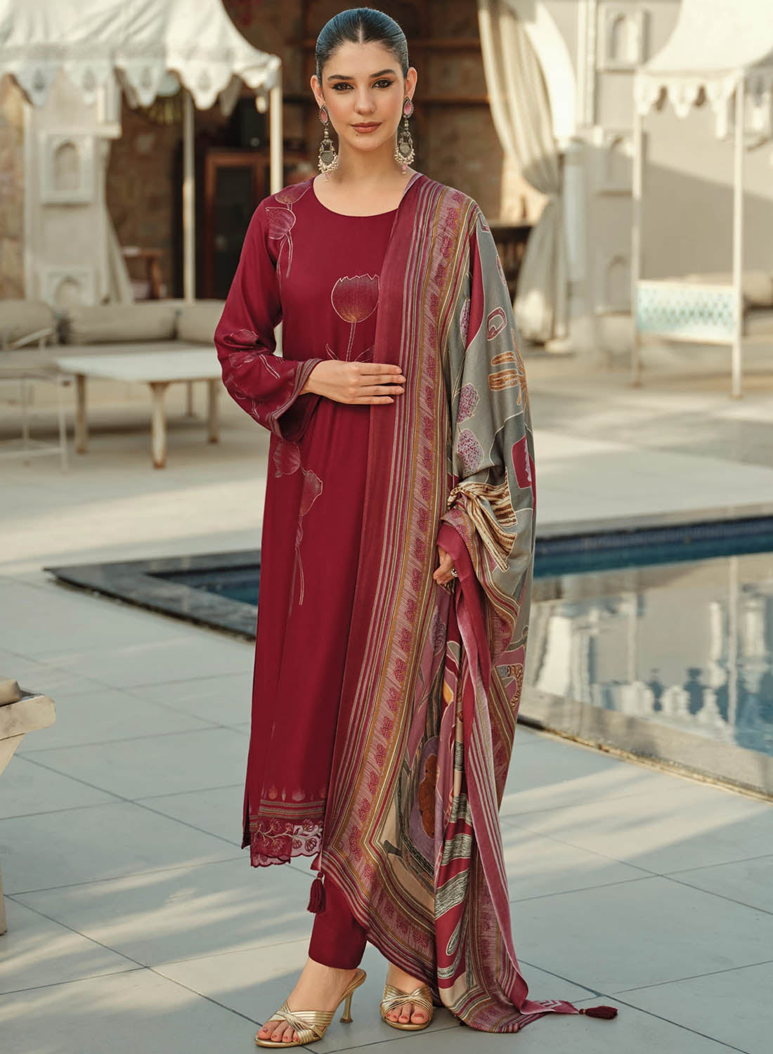 Red Pashmina Foil Print Unstitched Winter Suit Material with Embroidery