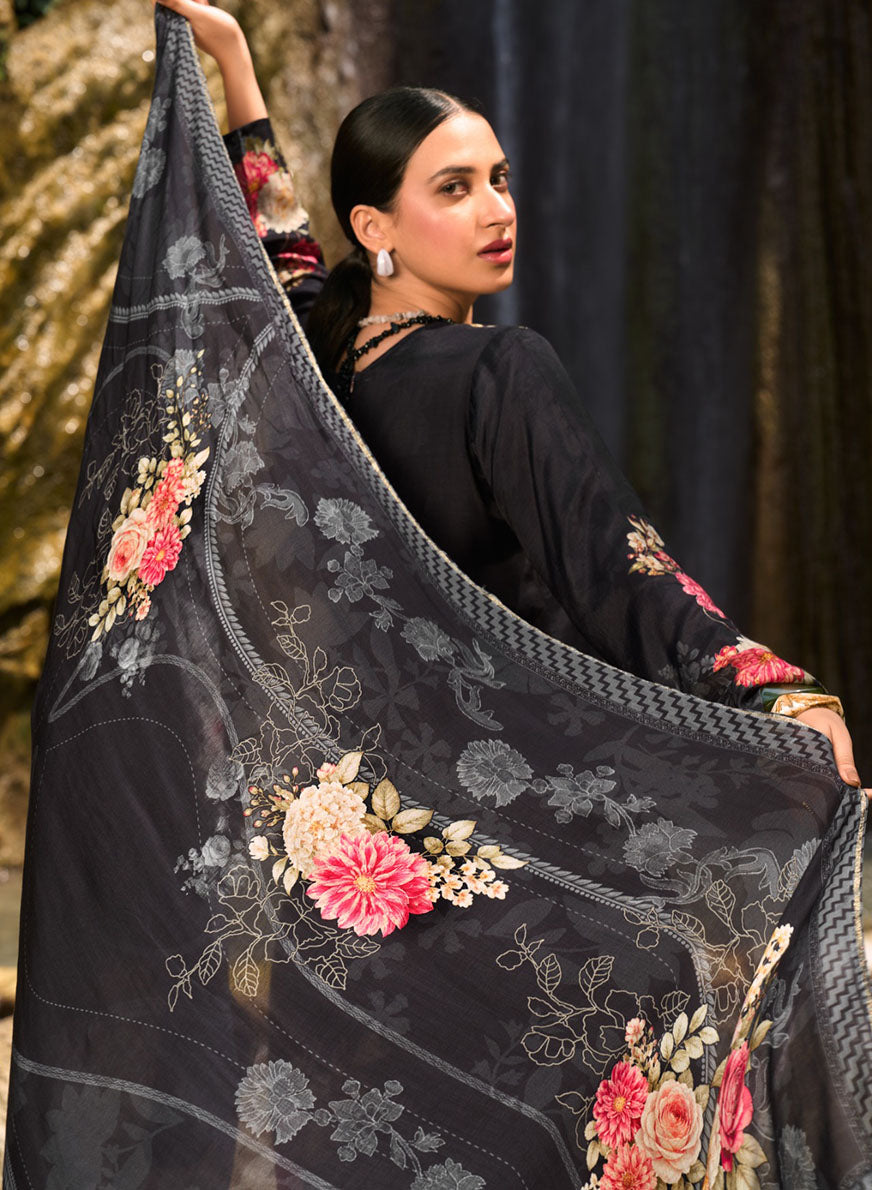 Party Wear Muslin Black Unstitched Suit Dress Material with Handwork