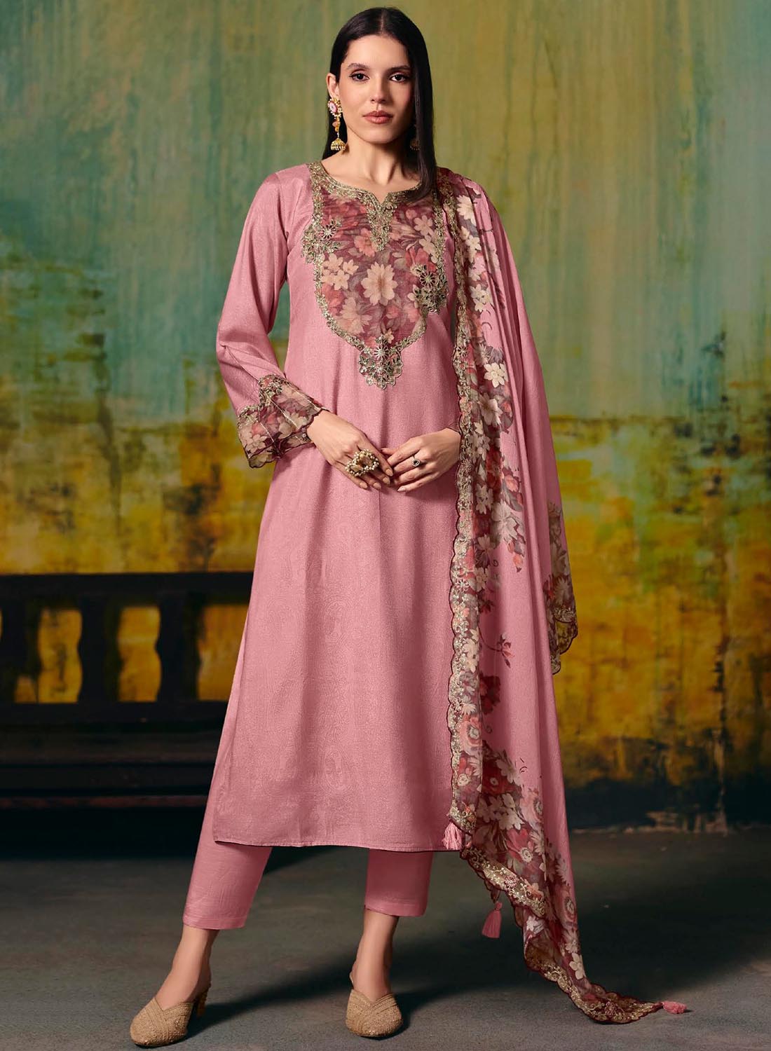 Party Wear Pink Muslin Unstitched Salwar Suit Dress Material for Women