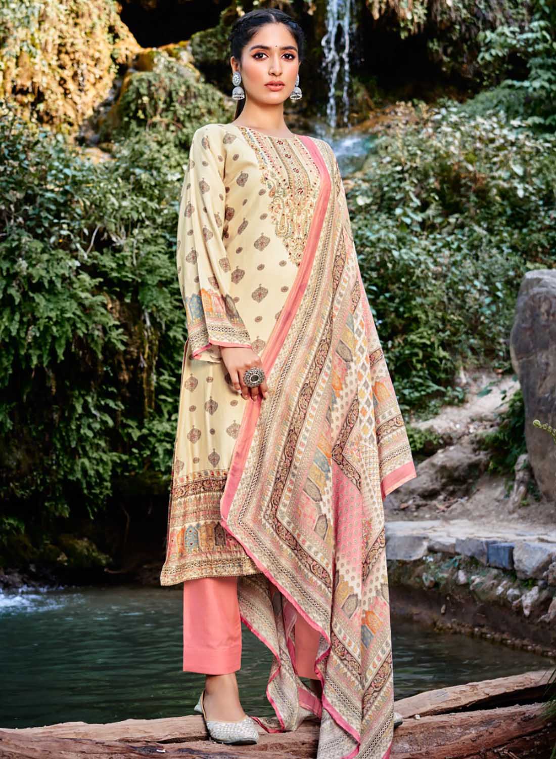 Unstitched Beige Pashmina Winter Suit Set Dress Material for Women