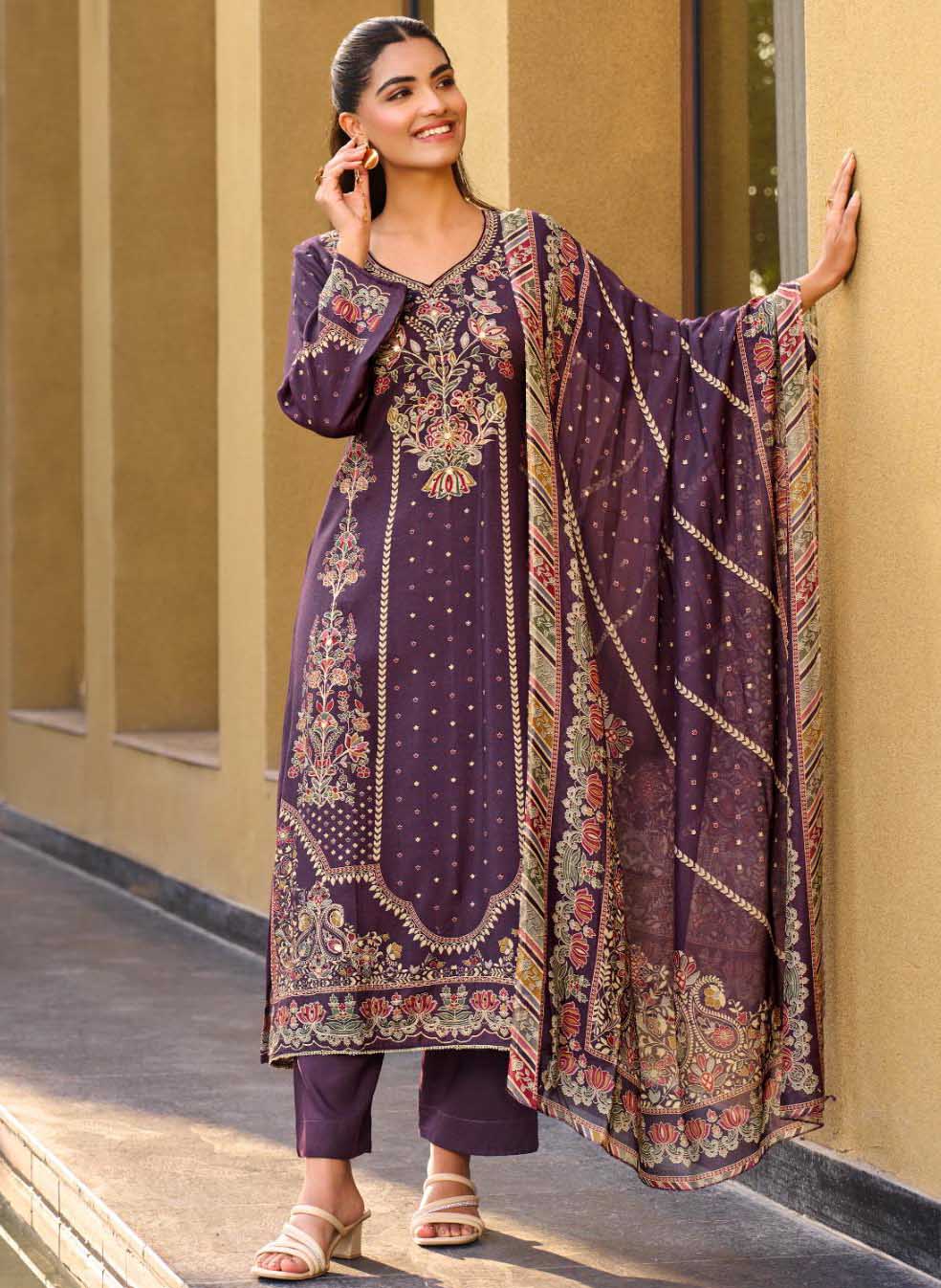 Party Wear Muslin Purple Unstitched Suit Dress Material for Women