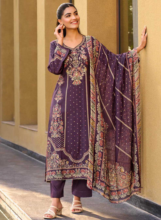Party Wear Muslin Purple Unstitched Suit Dress Material for Women