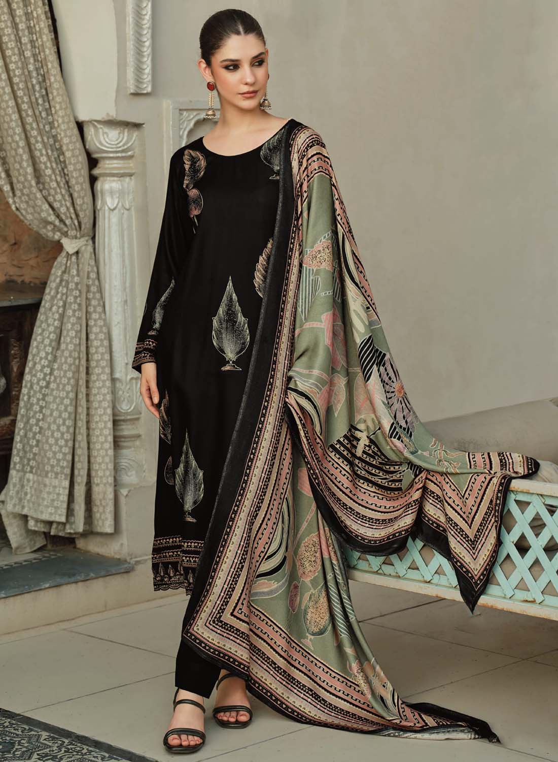 Black Pashmina Foil Print Unstitched Winter Suit Material with Embroidery