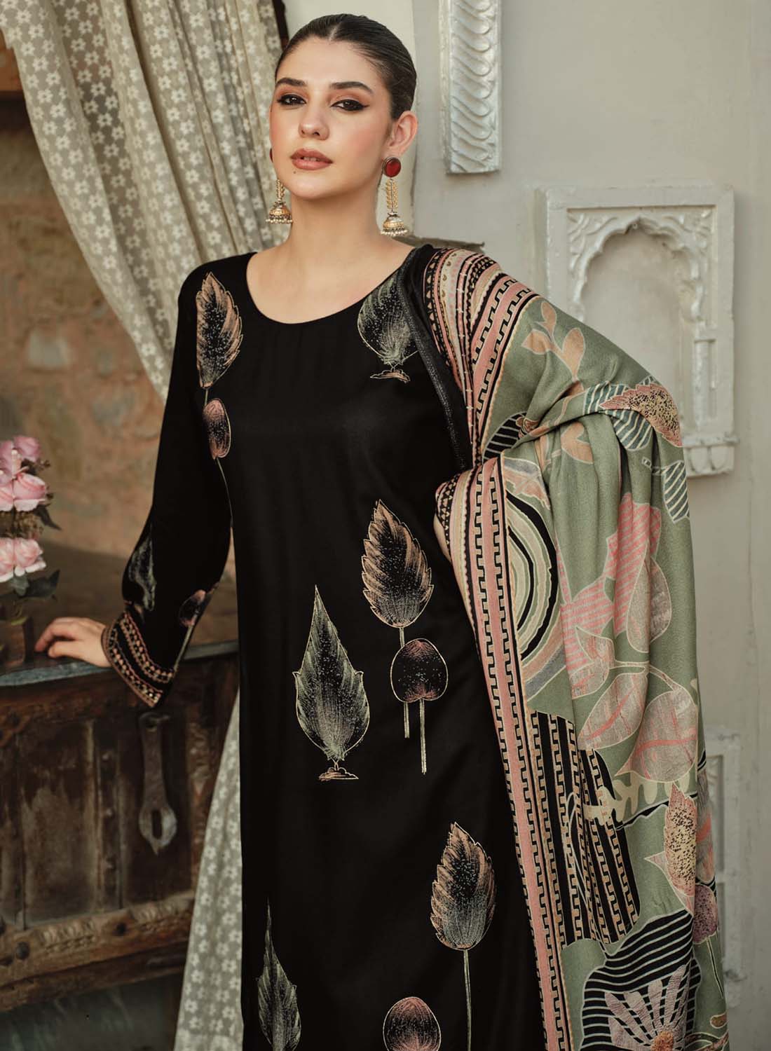 Black Pashmina Foil Print Unstitched Winter Suit Material with Embroidery