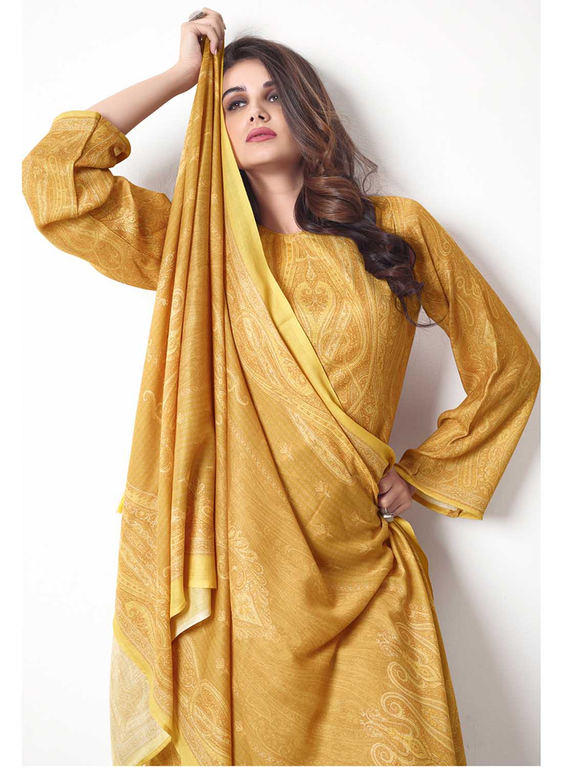 Yellow Unstitched Pashmina Winter Salwar Suits Fabric for Ladies