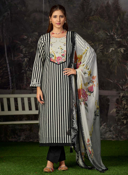 Pure Lawn Cotton Black Unstitched Salwar Suit Material with Chiffon Dupatta