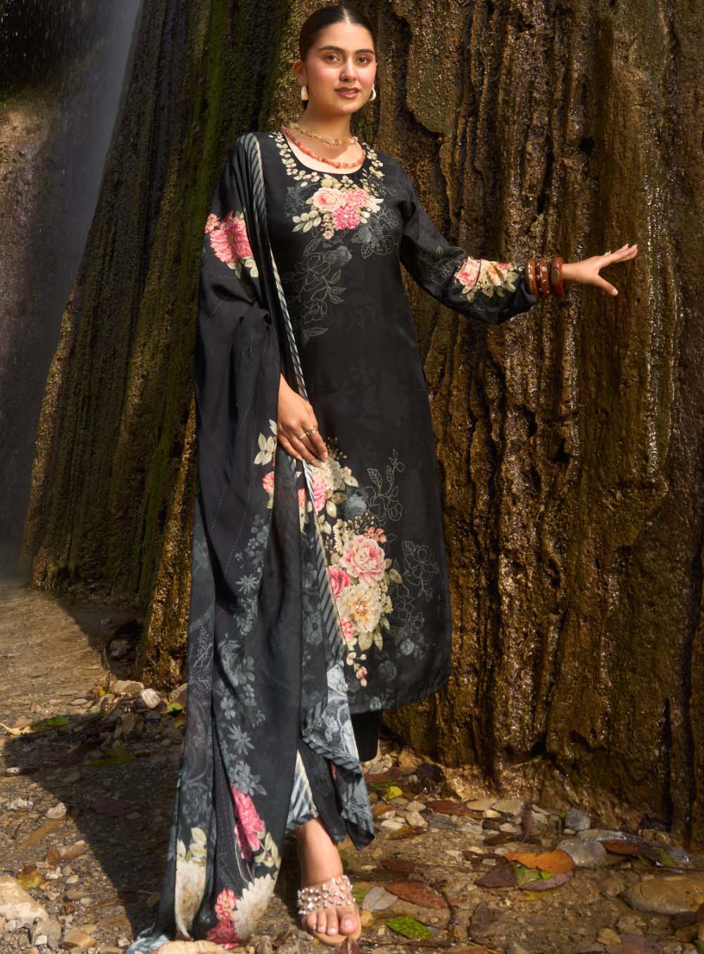 Party Wear Muslin Black Unstitched Suit Material with Handwork for Women