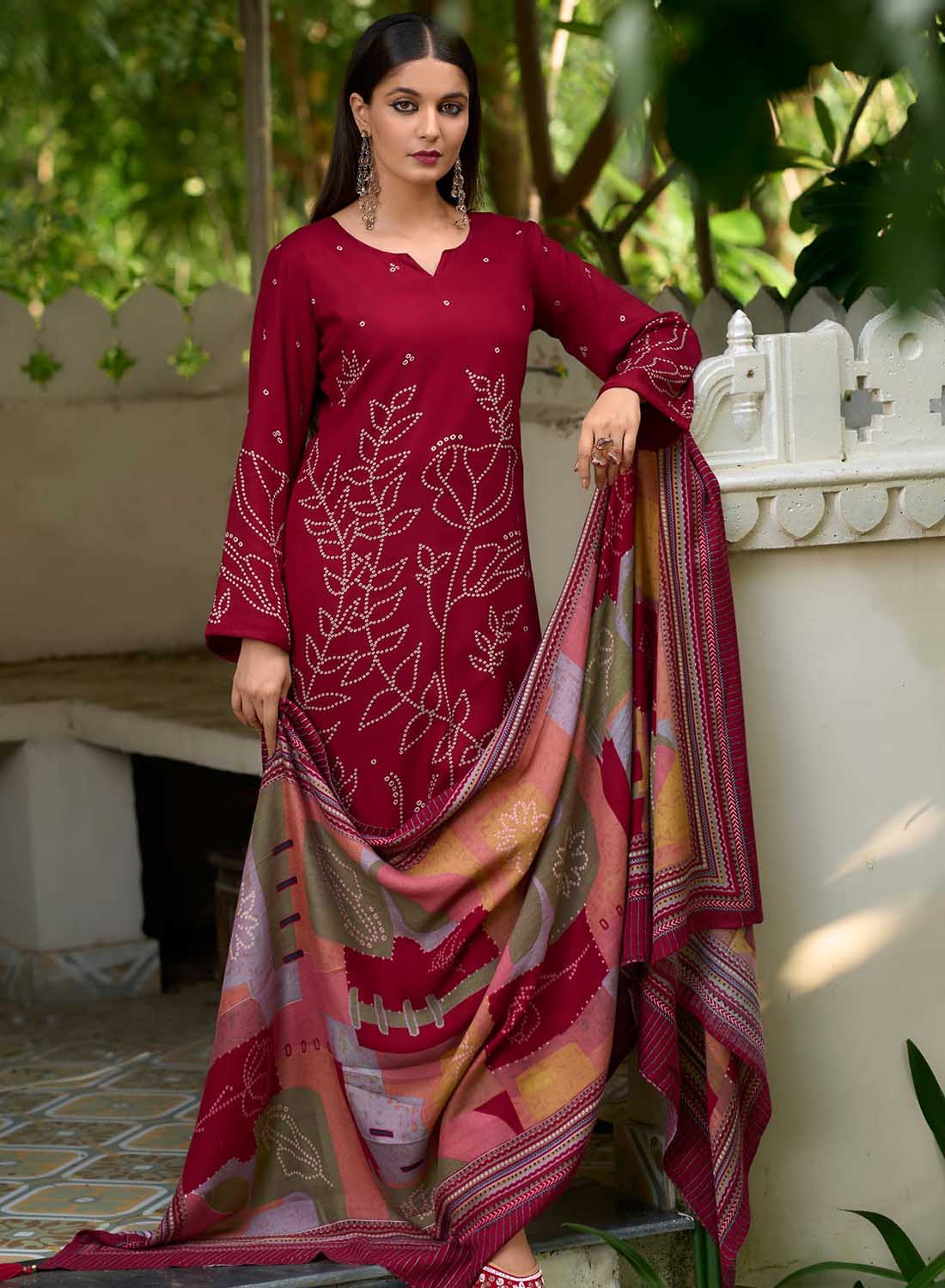 Red Unstitched Pashmina Winter Suit Dress Material with Fancy Embroidery