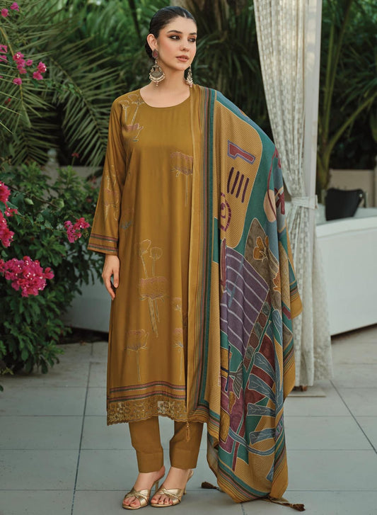 Mustard Pashmina Foil Print Unstitched Winter Suit Material with Embroidery
